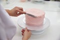 Close Up Of Woman In Bakery Decorating Cake With Icing