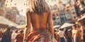 Close up of woman belly in tank top and skirt boho style, with blurred city crowd, concept of Body positivity, created