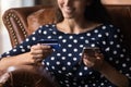 Close up of woman buy online with credit card Royalty Free Stock Photo