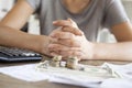 Close up of woman with calculator counting money Royalty Free Stock Photo