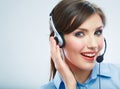 Close Up Woman call center operator. Smiling business woman por Royalty Free Stock Photo