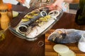 Close-up of woman cooking fish Royalty Free Stock Photo