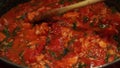 Close Up Woman cooking in kitchen, preparing tomato sauce with spinach and tuna fish for delicious pasta dish