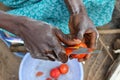 Close-up of woman cutting tomatoes, Tanzania