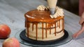 Close-up of woman decorating cake. Making Caramel Apple Cake