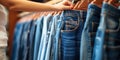 Close up woman in denim shorts chooses clothes in a store , concept of Fashion trends Royalty Free Stock Photo