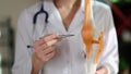 Woman doctor demonstrating human anatomy model of knee, knee-joint