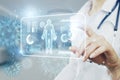 Close up of woman doctor hand pointing at abstract glowing medical cardiology interface on blurry hospital background with virus. Royalty Free Stock Photo