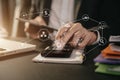 Close up woman doing finance at home office with calculate expenses. Royalty Free Stock Photo