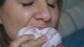 Close - Up Woman Eating Fat Sweet Donut, Overeating And Overweight Royalty Free Stock Photo