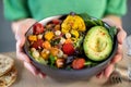 Close Up Of Woman Eating Healthy Vegan Meal In Bowl Royalty Free Stock Photo