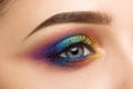 Close-up of woman eye with beautiful colourful makeup