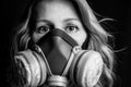 Close up woman eyes of young woman in respirator.