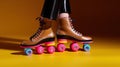 Close up of a woman feet wearing bright Quad Roller Skates created with generative AI technology