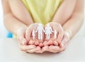 Close up of woman and girl hands with paper family Royalty Free Stock Photo