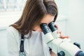 Close up woman gynecologist working with colposcope and makes microscopic investigation in clinic. Selective focus, copy space