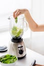 Close up of woman hand with blender and vegetables Royalty Free Stock Photo