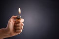 Close up woman hand holding a burning lighter in the dark background Royalty Free Stock Photo