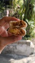 Close up of woman hand holding cireng filled with minced meat with Indonesian rendang spices