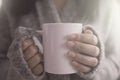 Close up of a woman hand holding a coffee mug in the morning soft sunlight. Beautiful girl in grey sweater Royalty Free Stock Photo