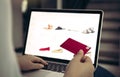 Close up woman hand holding credit card and typing laptop keyboard with shopping online concept Royalty Free Stock Photo