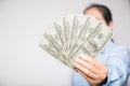 Close up of woman hand holding 100 dollar bills. success business female happy with many money banknote. Finance and economics Royalty Free Stock Photo