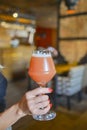 Close up of woman hand holding glass of draft lager beer. Fruit beer in a glass. Eating out in restaurant concept Royalty Free Stock Photo