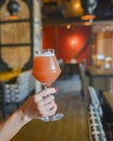 Close up of woman hand holding glass of draft lager beer. Fruit beer in a glass. Eating out in restaurant concept Royalty Free Stock Photo