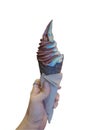 Close up woman hand holding ice cream cone on isolate white background and clipping path. Royalty Free Stock Photo