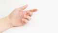 Close up woman hand with nails form of soft square holds something in fingers. Female keeps virtual object. Nail care at home.