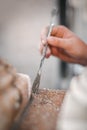 Close up of woman hand plastering old building wall Royalty Free Stock Photo