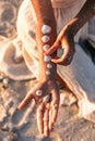 Close up of woman hand putting sea shells on other hand on the beach at sunset Royalty Free Stock Photo