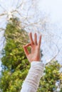 Close up woman hand   in yoga mudra gesture from below view to the sky and tree Royalty Free Stock Photo