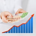 Close up of woman hands with chart and money Royalty Free Stock Photo