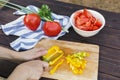 Close Up of woman hands cooking vegetable salad in kitchen on the wooden table. Healthy meal, and vegetarian food Royalty Free Stock Photo