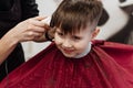 Close-up of woman hands grooming kid boy hair in barber shop. Royalty Free Stock Photo