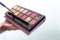 Close up of woman hands holding colorful makeup eye shadow palette Royalty Free Stock Photo