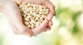 Close up of woman hands holding peeled peanuts