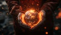 Close up of woman hands holding planet earth in fire Royalty Free Stock Photo