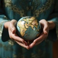 Close up woman hands holding planet Earth globe. Earth day. AI generated picture Royalty Free Stock Photo