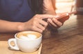 Close up of  woman hands holding touching mobile phone with blank copy space for your text message Royalty Free Stock Photo