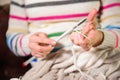 Close-up of woman hands knitting colorful wool yarn. Royalty Free Stock Photo