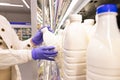 Close up of woman hands in medical gloves chooses milk products by opening fridge in supermarket Royalty Free Stock Photo