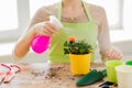 Close up of woman hands spraying roses in pot