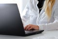 Close up of a woman hands typing on a keyboard. Distance learning, education online. Online working from home, business Royalty Free Stock Photo