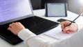 Close up of a woman hands typing on a keyboard. Distance learning, education online. Online working from home, business Royalty Free Stock Photo