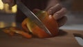 Close up of woman hands using kitchen knife to slice and cut the bell pepper on a wooden board. Action. Concept of Royalty Free Stock Photo