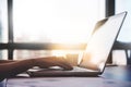 Close up woman hands using laptop for her work Royalty Free Stock Photo