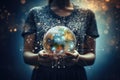 Close up of woman holding Earth planet in hands. Elements of this image are furnished by NASA, Close up of woman hand holding Royalty Free Stock Photo