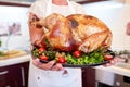Close-up woman holding garnished roasted turkey on a kitchen background. Thanksgiving turkey concept. Royalty Free Stock Photo